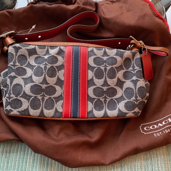 Denim blue and white/tan Coach monogram purse